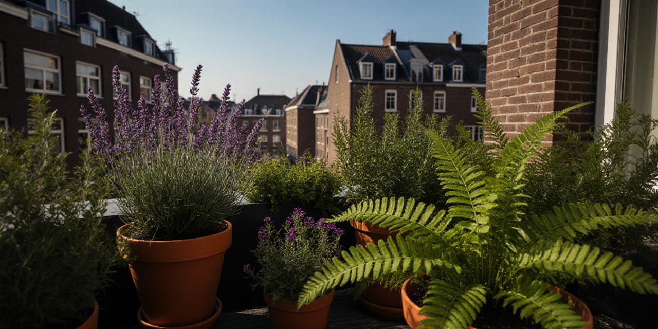 Een weelderig groen balkon midden in een stedelijke omgeving
